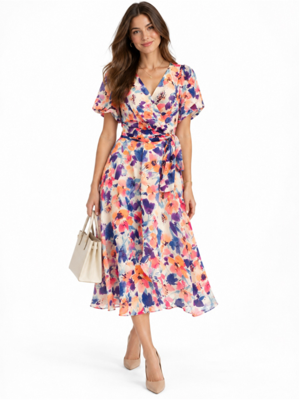 DKNY Floral Midi Wrap Dress, Size 12, White Multi-color